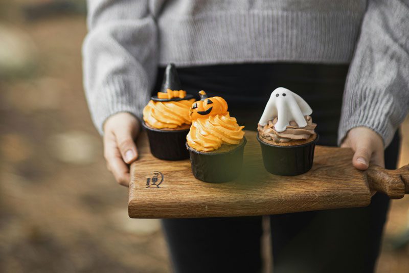 halloween cupcakes on tray