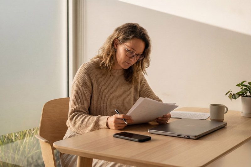 woman looking down at papers while working